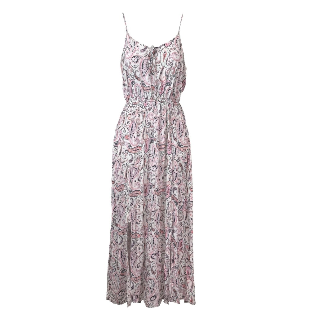 Cotton On Maxi Dress Paisley Print BOHO White Pink Spaghetti Strap Sundress XS